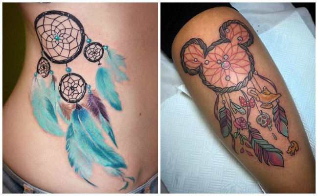Tatuajes de atrapasueños indios con plumas